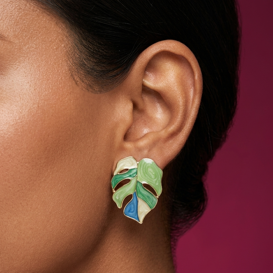 Mint Aura Monstera Statement Studs - MN18