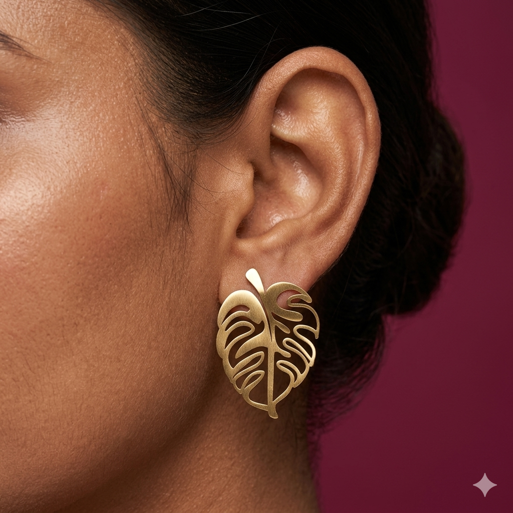Golden Monstera Anti-Tarnish Stud Earrings - BKAT39