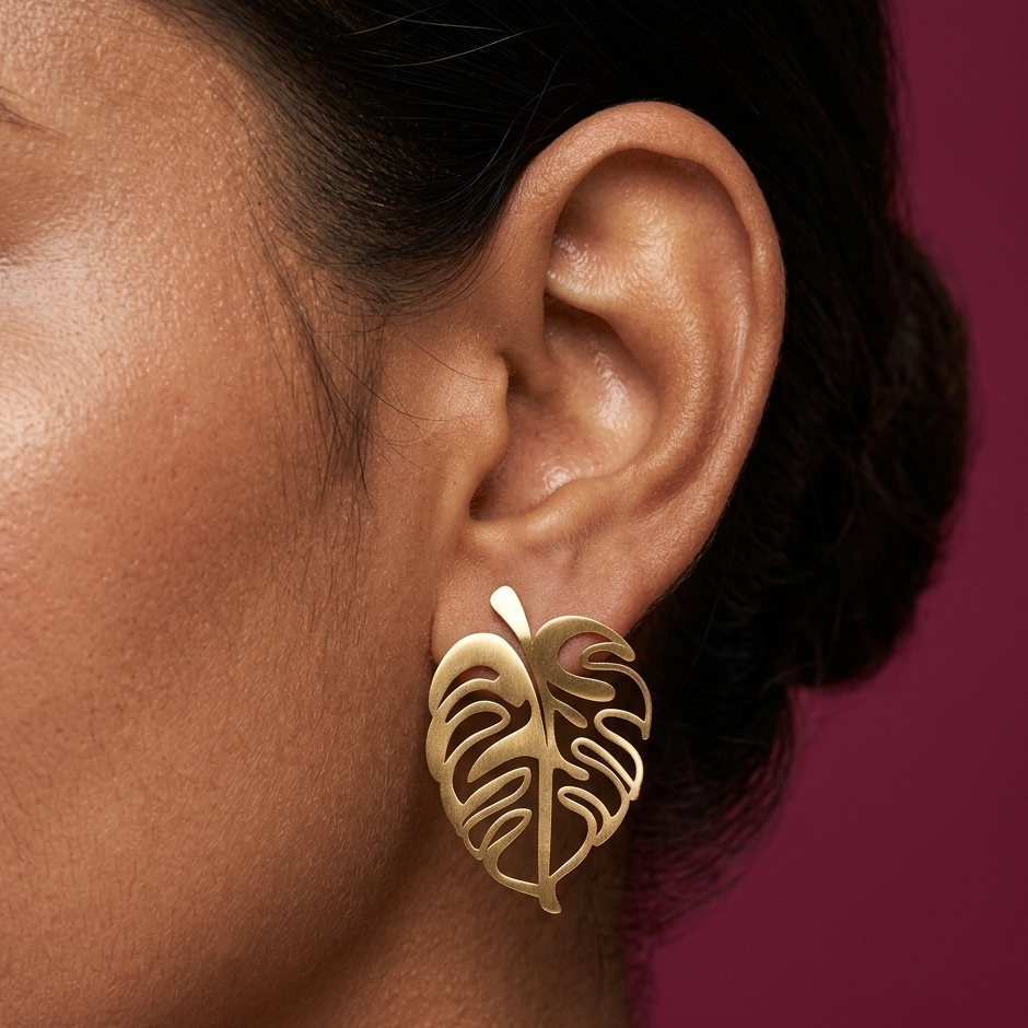 Golden Monstera Anti-Tarnish Stud Earrings - BKAT39