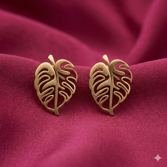 Golden Monstera Anti-Tarnish Stud Earrings - BKAT39